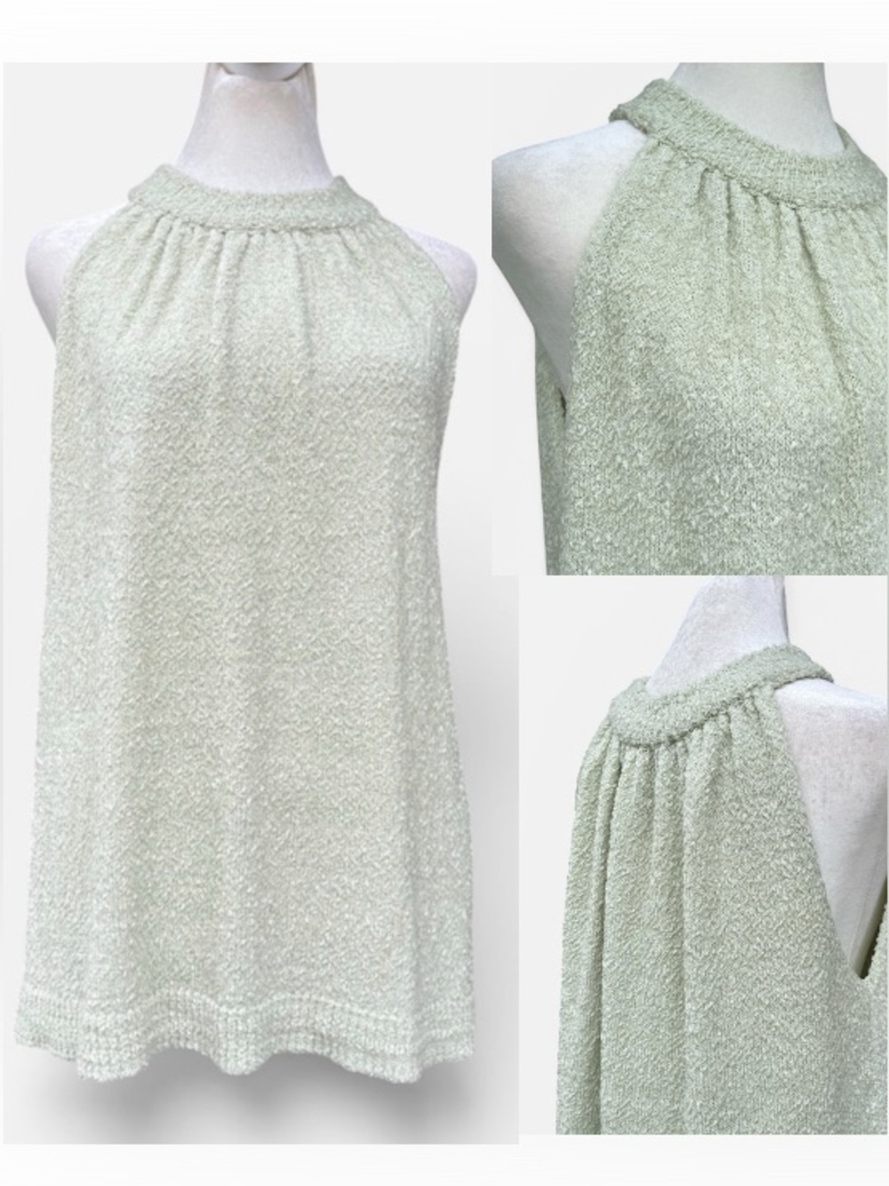 Anthropologie Current Air Boucle Halter Neck Knit Blouse in Sage Green Sz S